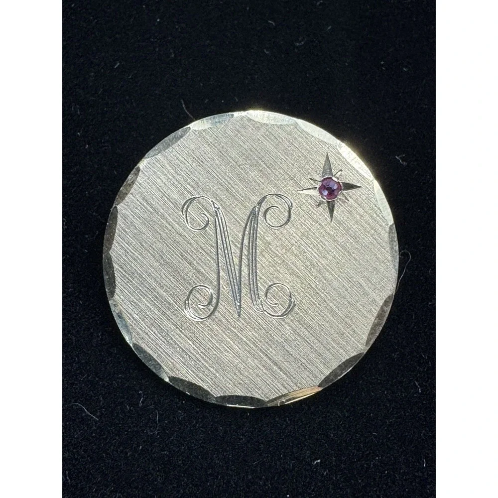 Vintage Circular Gold Tone Monogrammed Letter M Circle pin with faux ruby
